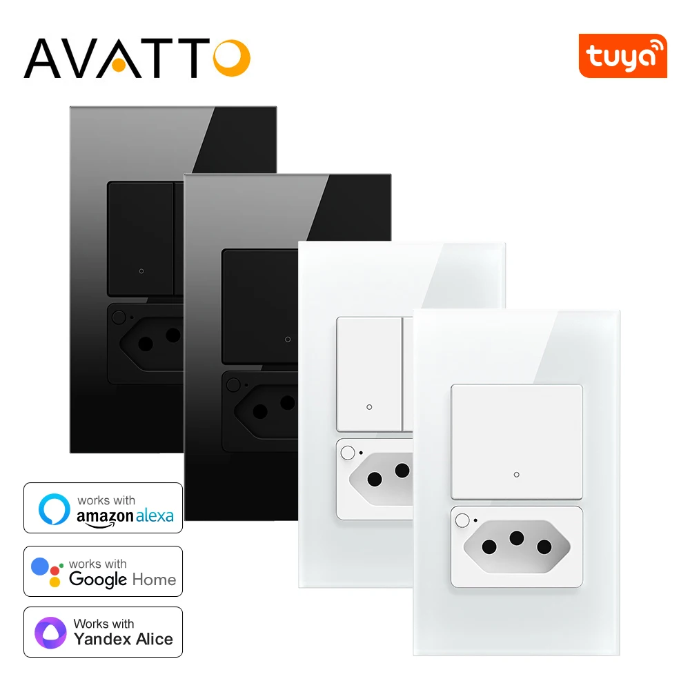 AVATTO Tuya Brazil Standard 4X2 Glass Panel 1/2 Buttons Light Switch，WiFi Smart Wall Switch & Socket  Support Alexa,Google Home