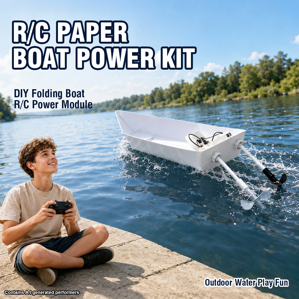 2.4G RC Paper Boat DIY Dual-Paddle Remote Control Boat Assembly Model Interactive Game Outdoor Water Play Educatioal Toy Gifts - view 3