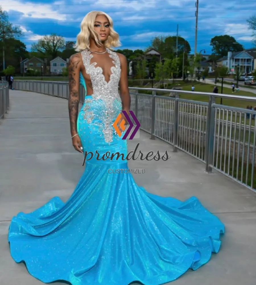 Vestido de fiesta de cristal azul brillante para niñas negras, vestidos de noche de sirena de lujo, vestido de cumpleaños con cuentas Aso Ebi, fiesta de tendencia novedosa 2025
