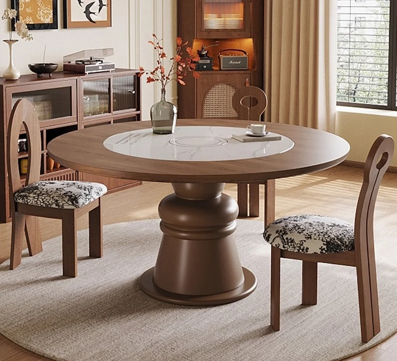 طاولة طعام مستديرة ذكية على طراز العصور الوسطى، طاولة طعام منزلية من الخشب الصلب #2