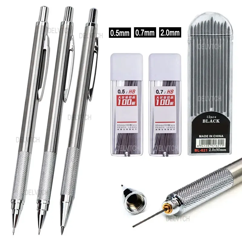 0.5mm 0.7mm 2.0mm Metal Stainless Steel Mechanical Pencil Black HB 2B Lead For Art Sktech Draft Design Woodwork Drawing Writing