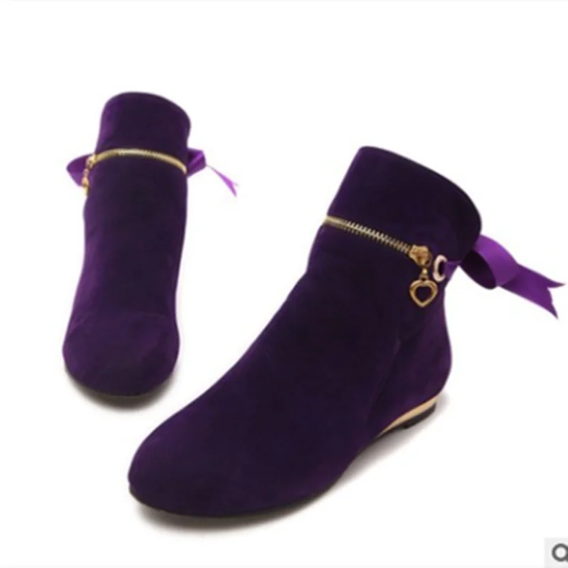 Lady Warm Zapatos Flats Plus Size 33-43 Nubuck Leather Single Riding Booty Round Toe Winter Boots Fashion American Style Purple