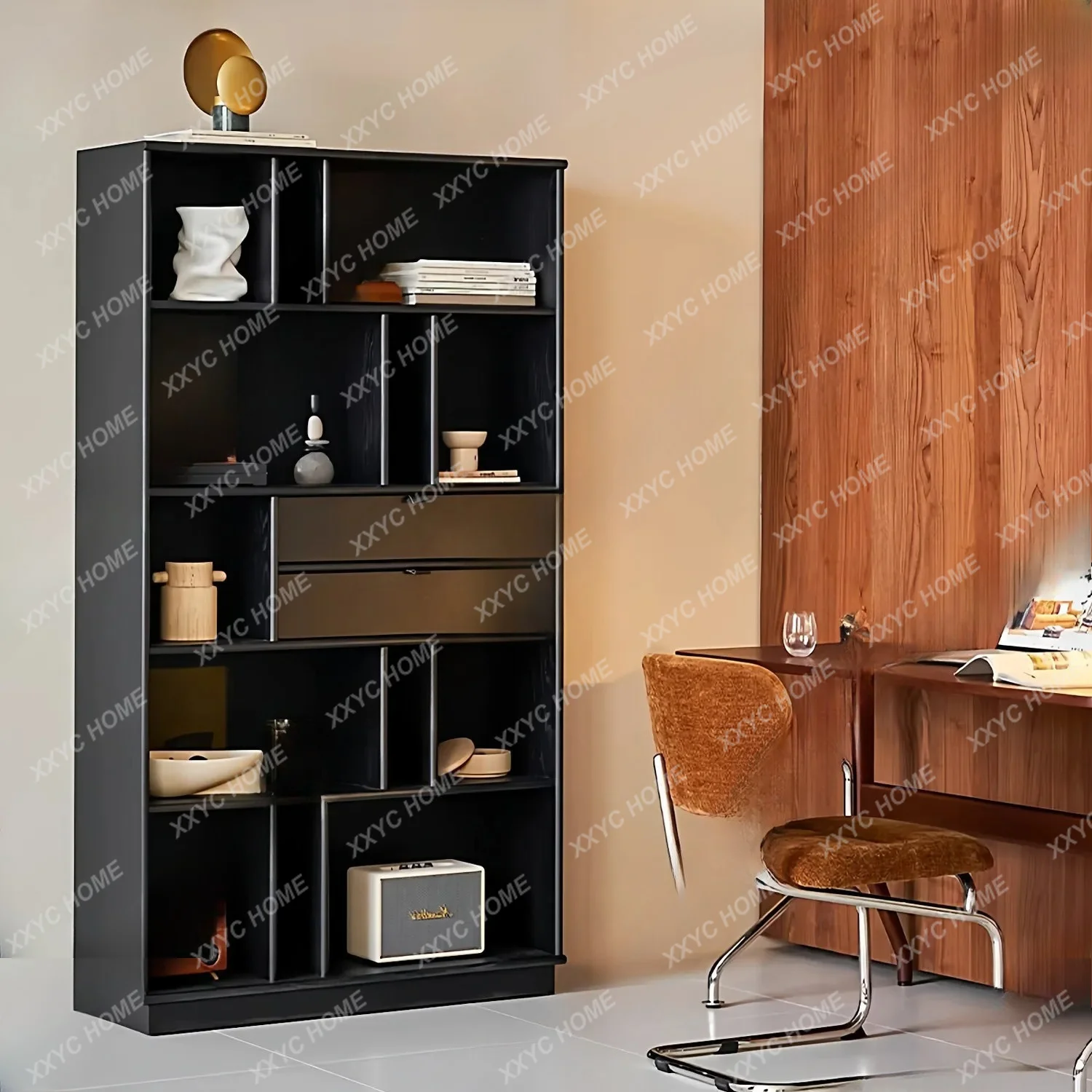 solid wood bookshelf floor-to-ceiling study oak black bookcase high-end open bogu shelf can be customized