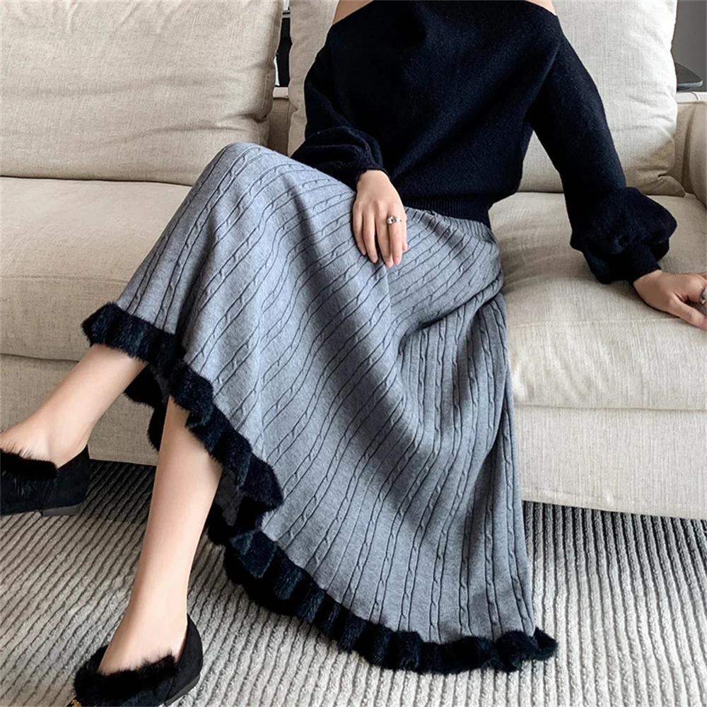 Autumn Winter Elastic High Waist Thick Knitted Ladies Midi Ruffles Pleated Skirts Skirt for Women's Wool Skirt