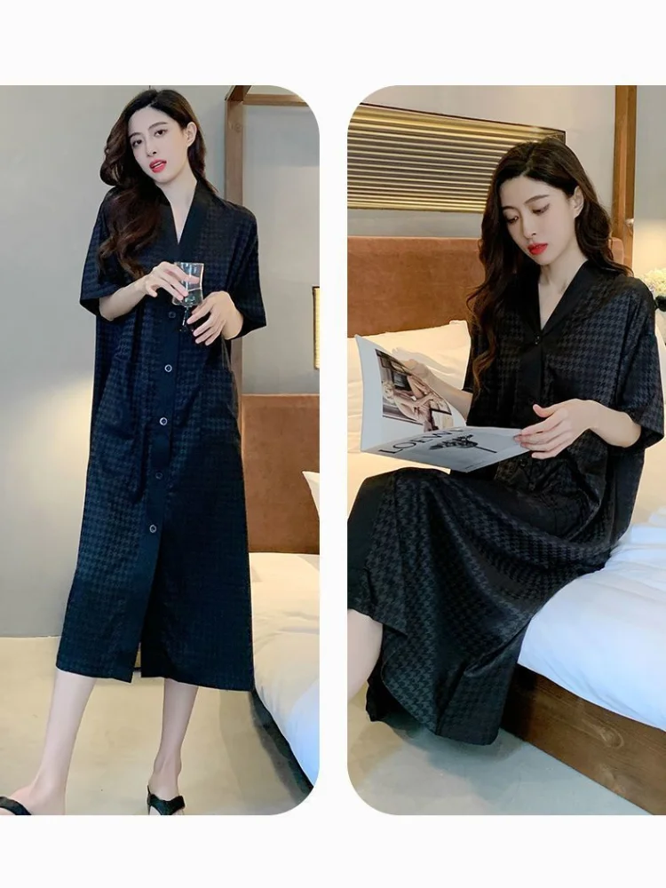 150Kg Extra Large Size Loose Pajama Ice Silk Jacquard Cardigan Maxi Dress Plus SIze Summer Short Sleeves Loungewear Home Clothes