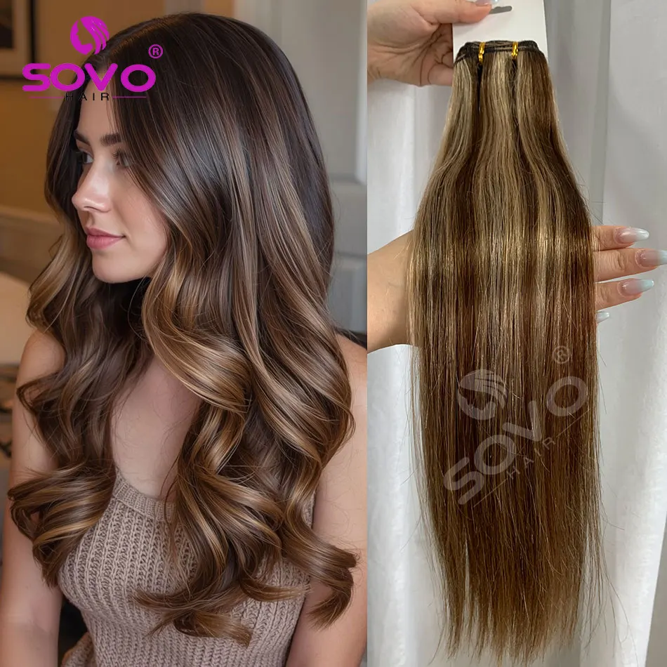 Machine Weft Human Hair Extensions P4/27 Highlight Remy Human Hair Double Weft Straight Hair Weave Thick Full Ends