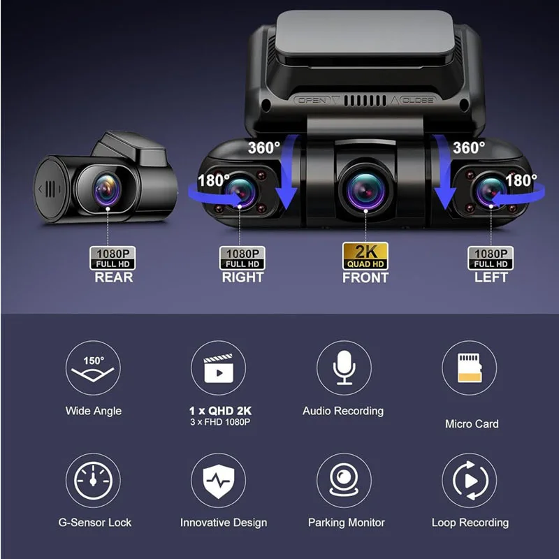 NEW Smart 3'' Car Recorder Camera FHD 2K/1080P  4 Channel With WiFi GPS Car Dashcam 360 Panorama Auto Video Recorder Car Black B
