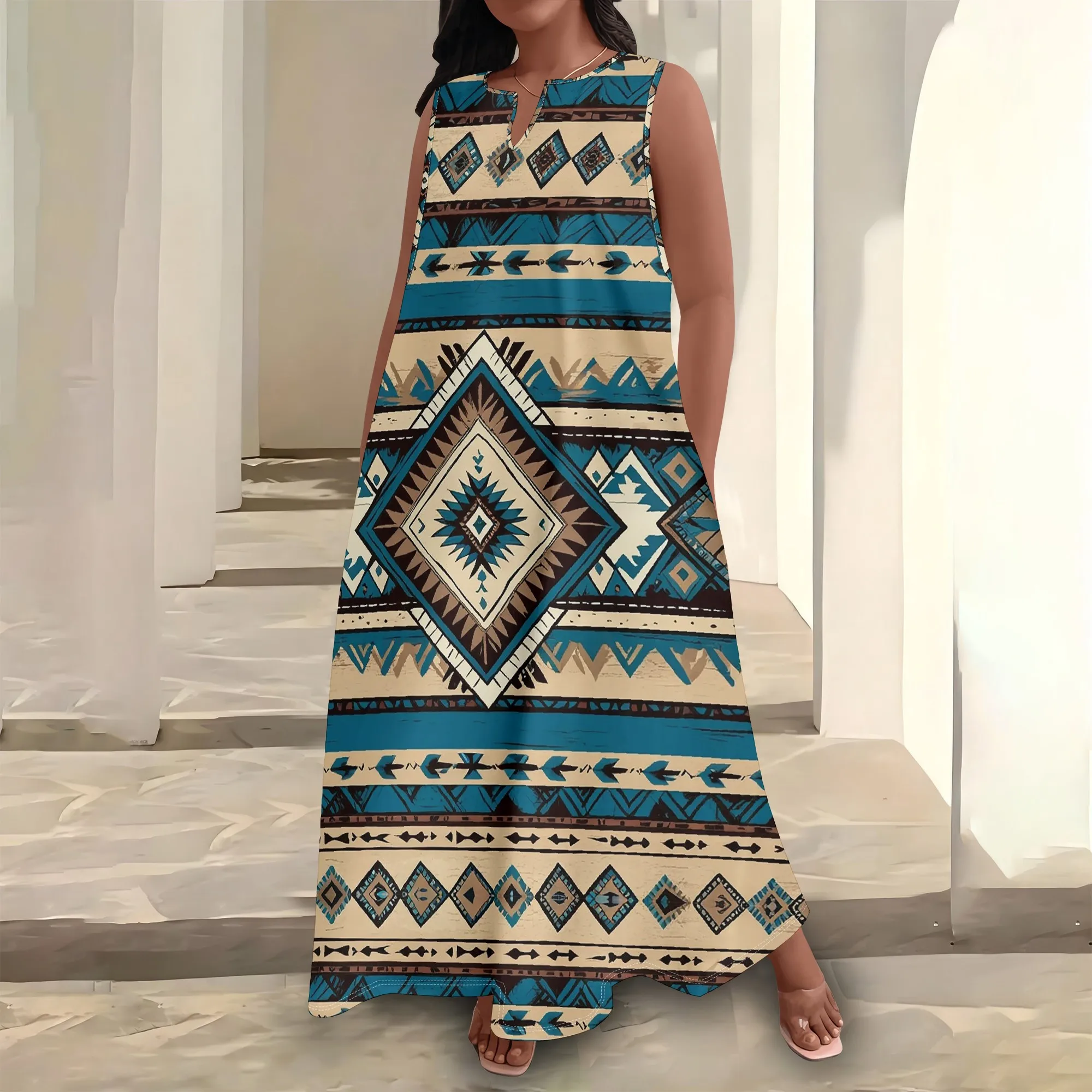 

Plus Size Women's Boho Tribal Print Maxi Dress XL-6XL Sleeveless Keyhole Neck Loose Fit A-Line Sundress for Summer Vacation