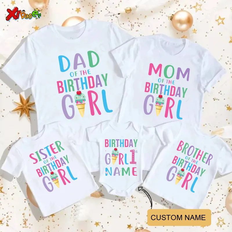 Funny Ice Cream 2025 Family Matching Outfits Cotton Mother Father and Daughter Son Tshirt Baby Birthday Arty Custom Name T-Shirt