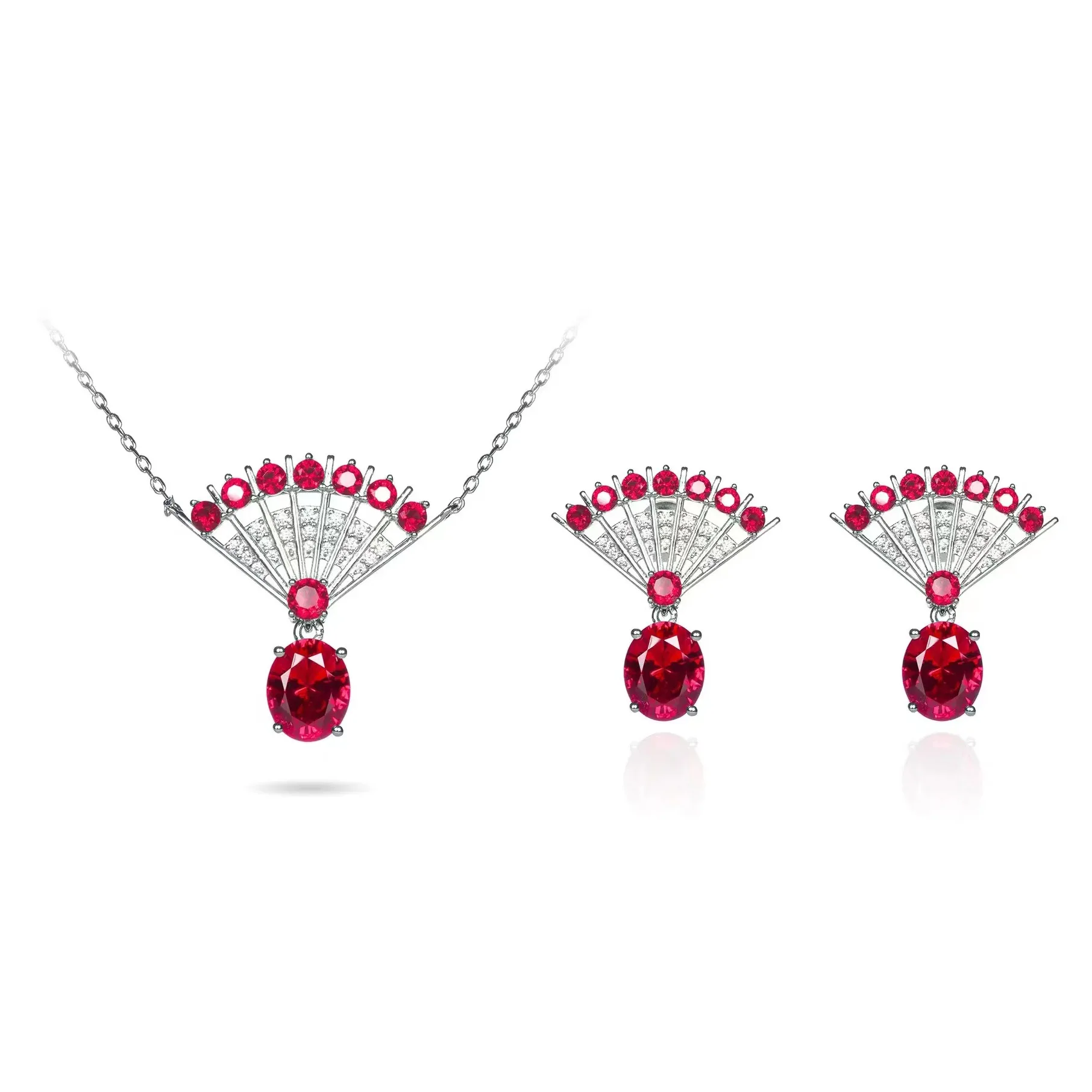 Foydjew New Luxury High Quality Artificial Red Corundum Jewelry Sets Women Fan-shaped Earrings Necklaces Wedding Accessories