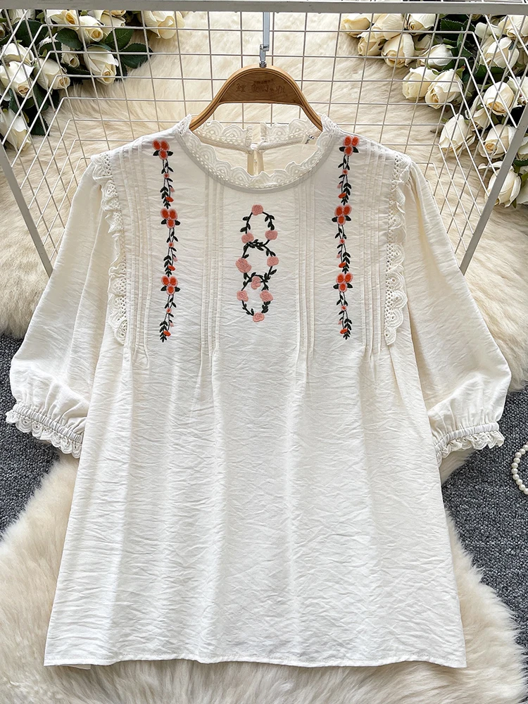 Summer Lace Patchwork Short Sleeved Blouse Women's New Rustic Style Sweet Embroidery Loose Versatile Casual Top Trendy D21