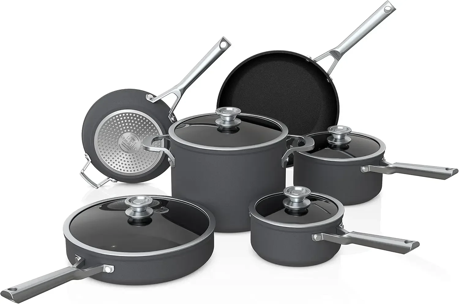 NeverStick Premium 10 Piece Pots & Frying Pans Set, with Glass Lids, Nesting, Hard Anodized, Kitchen Cookware Sets Nonstick