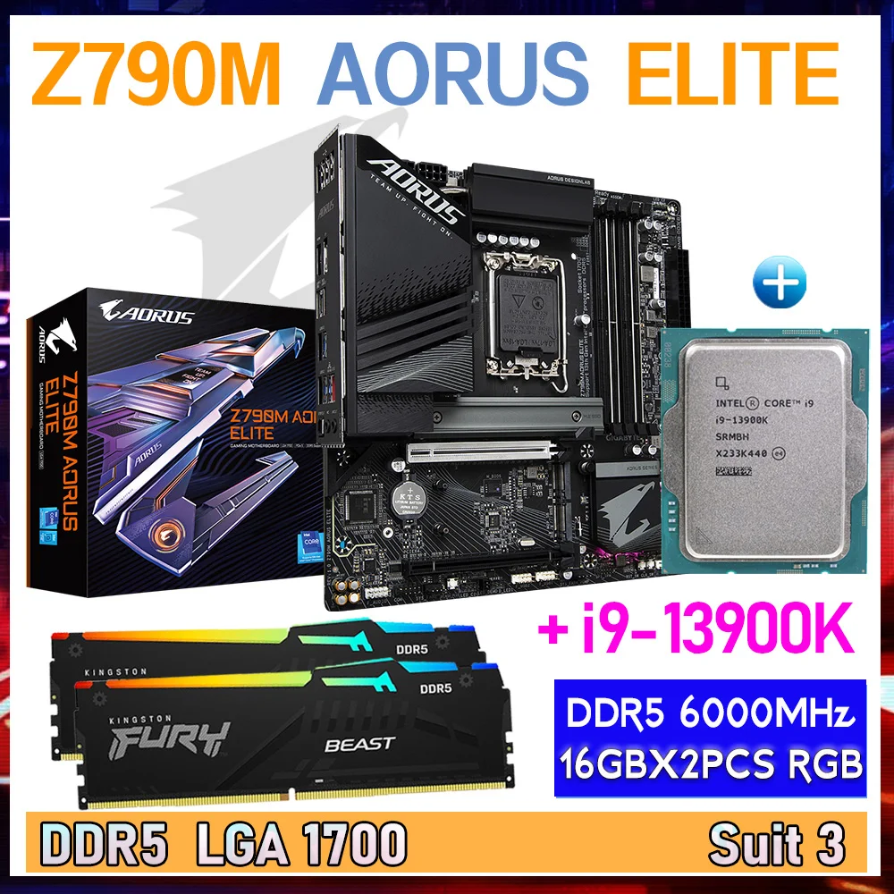 Gigabyte Z790M AORUS ELITE With CPU Core i9 13900K + Kingston Fury DDR5 6000MHz 32GB RAM Desktop Memory Suit MATX PCIE 5.0 NEW