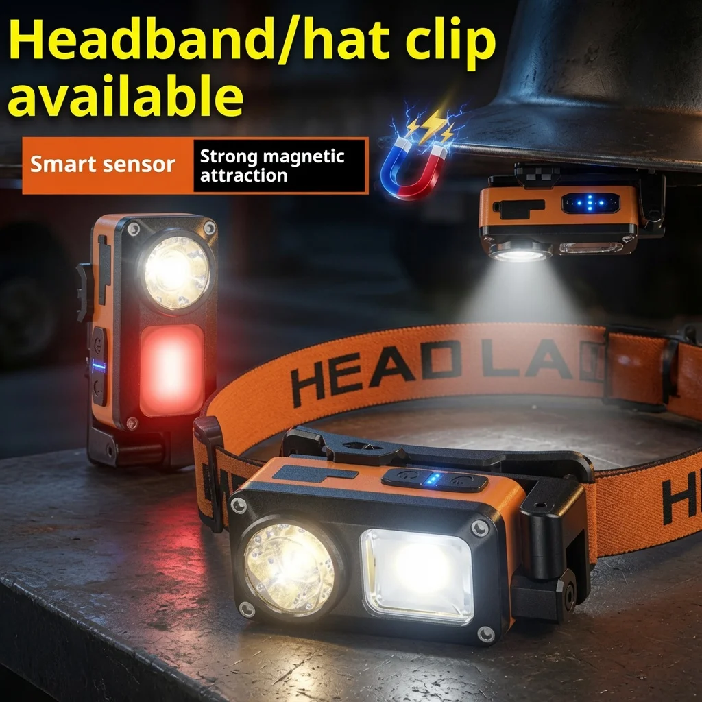 LED Headlamp 6-Mode Headlight Multi-Angle Adjustable Rechargeable with Magnet & Clip Headlamp Headlights Hunting Lantern