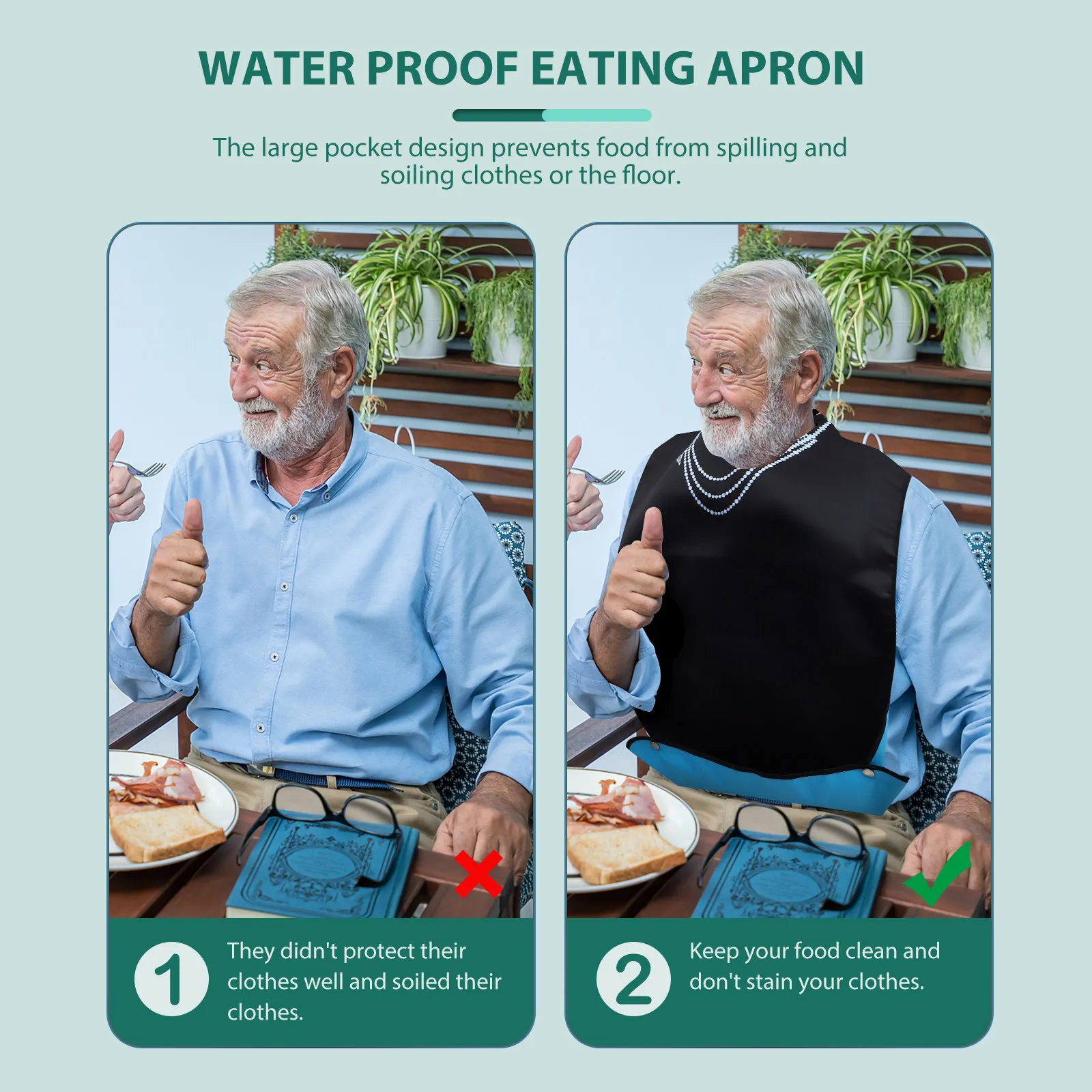 1Pcs Elder Meal Bib Polyester Waterproof Eating Apron with Necklace Detail Large Pocket Design for Spill Protection Feeding Bib