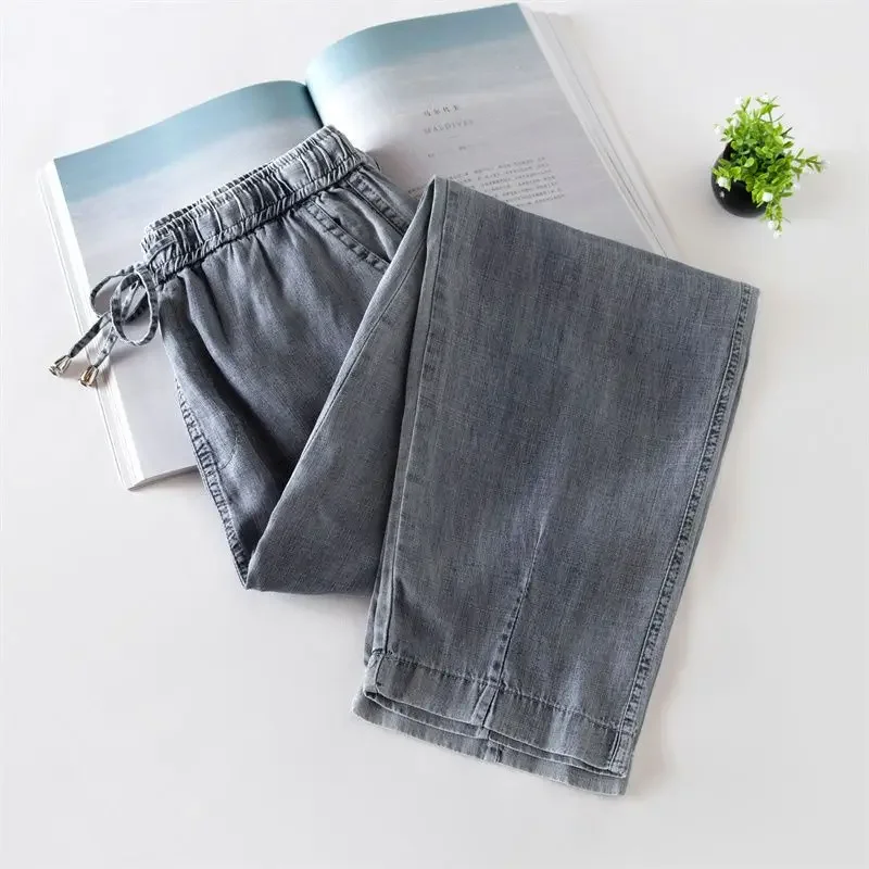 Jeans Harlan finos e soltos para mulheres, cintura elástica, calças de rabanete rachado, verão, 204, A855