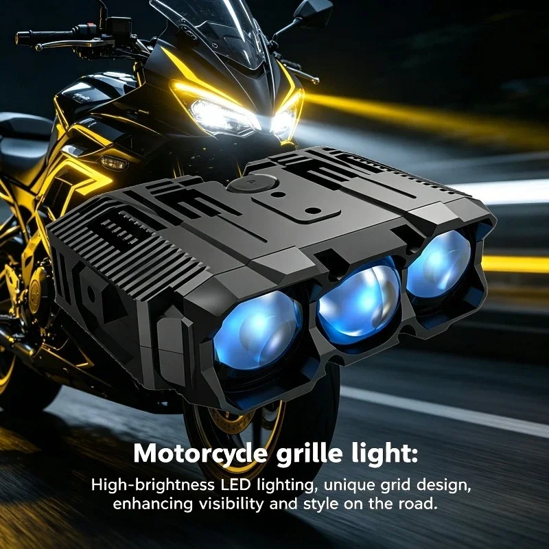 Motorcycle three-lens LED spotlight, yellow and white light switching, strong light paving, universal for electric vehicles
