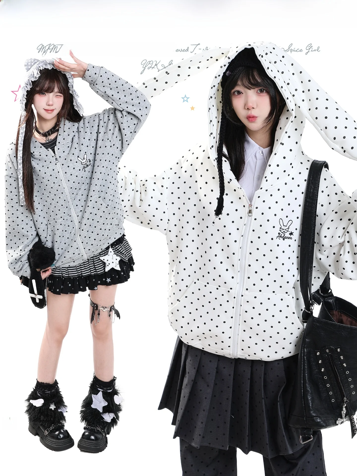 Sweet Polka Dot Rabbit Ear Hooded Open Cardigan Sweatshirt Women's Loose Casual Girl's Slimming Zipper Jacket Autumn Wear
