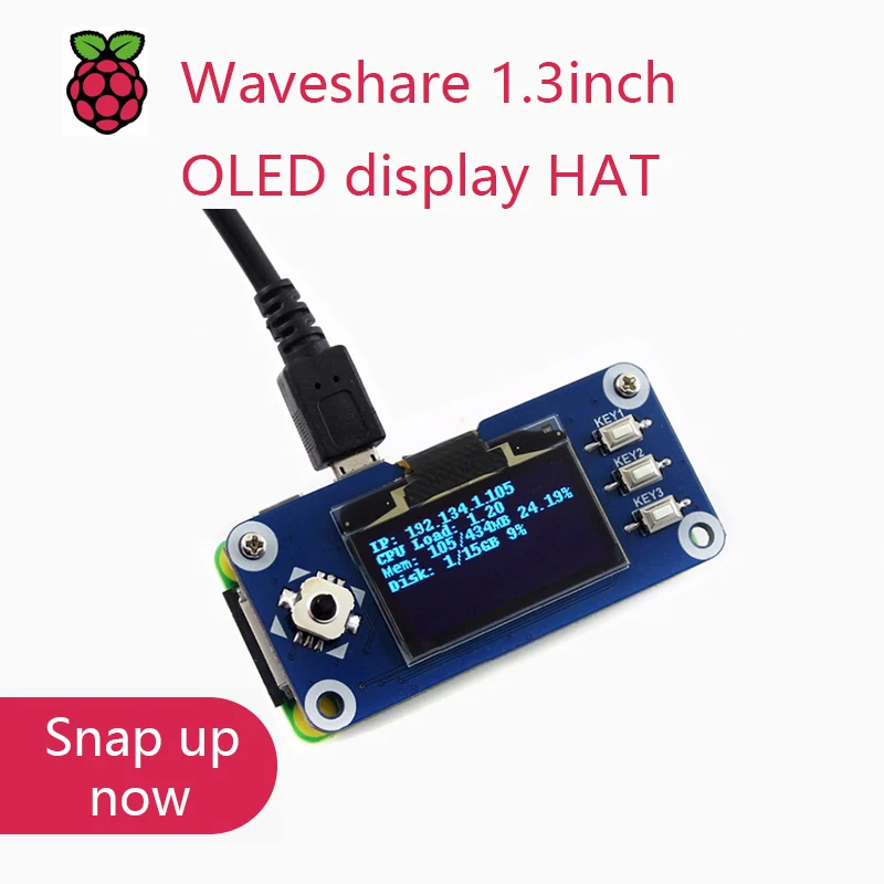 Waveshare 1.3inch OLED display HAT for Raspberry Pi 2B/3B/3B+/Zero/Zero W,128x64 pixels,SPI,I2C interface,embedded controller