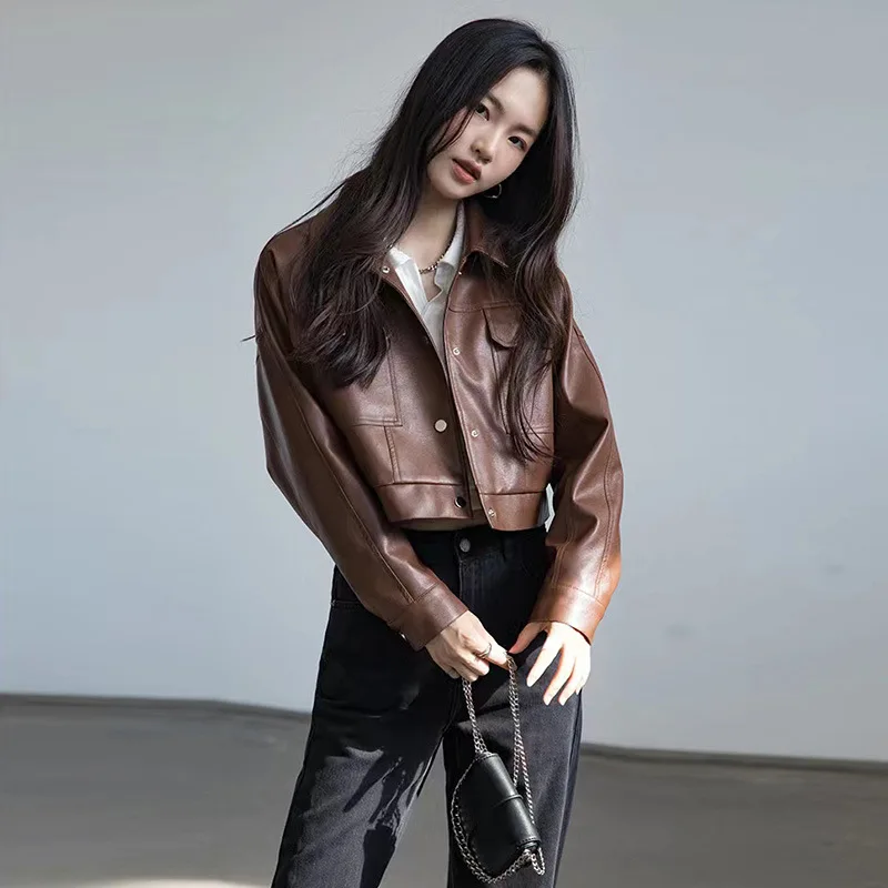 

Fashion Short Style Black Leather Coat Women's Spring New PU Motorcycle Jacket Brown Trend Slim Top Large Packe