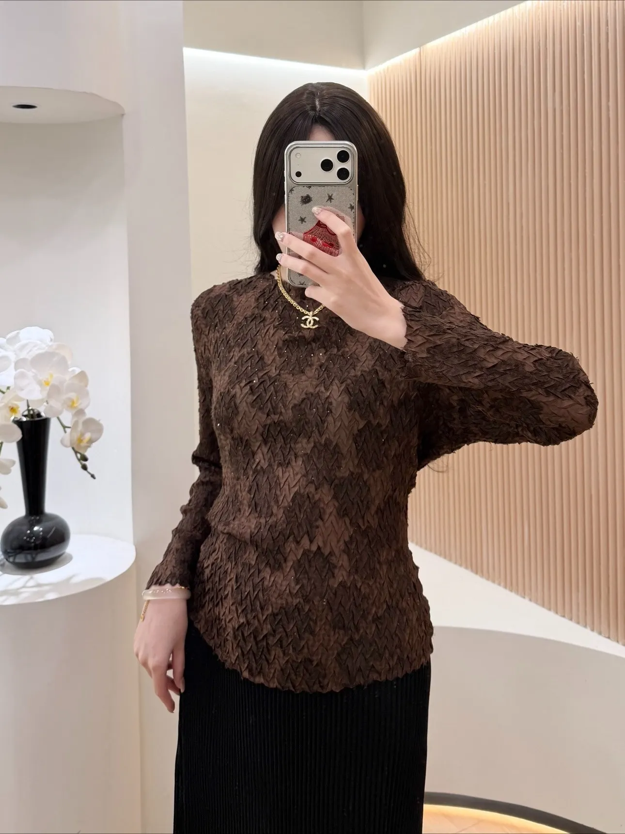 Women's Dark Brown Diamond Pleated Round Neck Long-Sleeve Sheer Blouse Elegant Fashion Daily Wear 2025 Trendy Chic