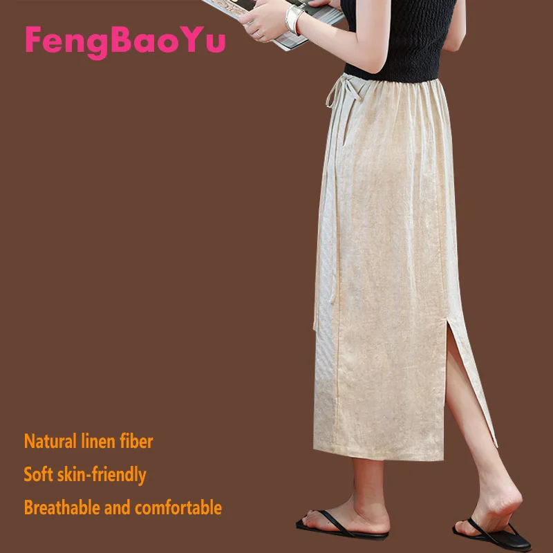 

Flax Spring Autumn Women's Skirt Elastic High-waisted Slit A-line Skirt Temperament Elegant Fashion Street Wear