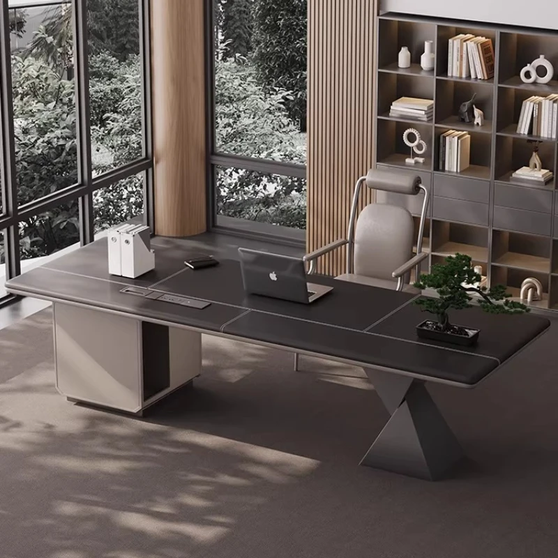 Saddle leather veneer Italian light luxury black walnut wood office table Computer desk Room desks room offices workstations
