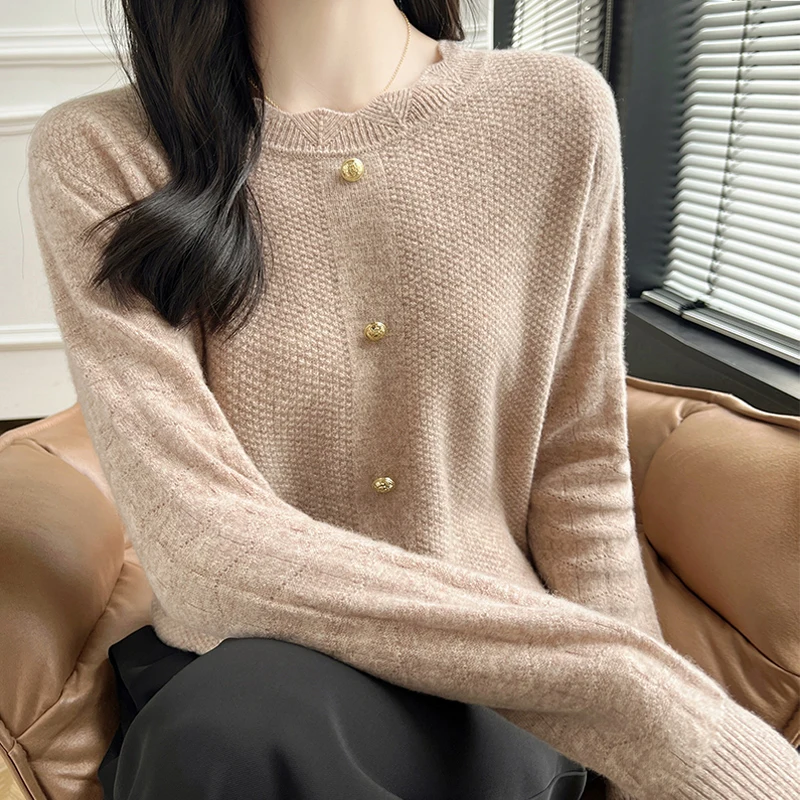 Women\'s Pullover Autumn/Winter 100% Wool Sweater Casual Solid Knit Sweater Round Neck Loose Tops Fashion Korean Hollow Blouse