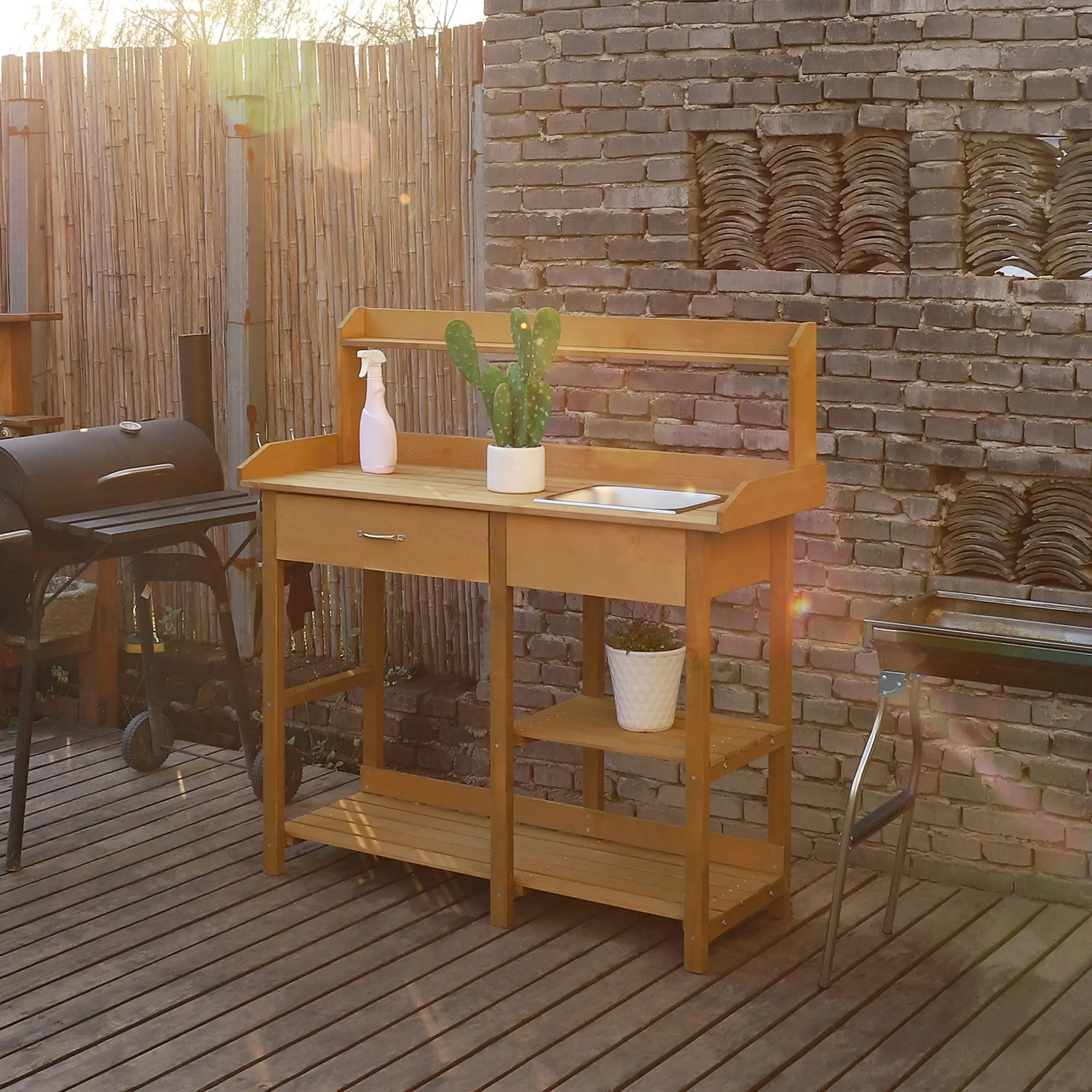 Potting Bench Garden Table for Outdoors with Removable Stainless Sink, Planting Work Bench with Storage Shelves and
