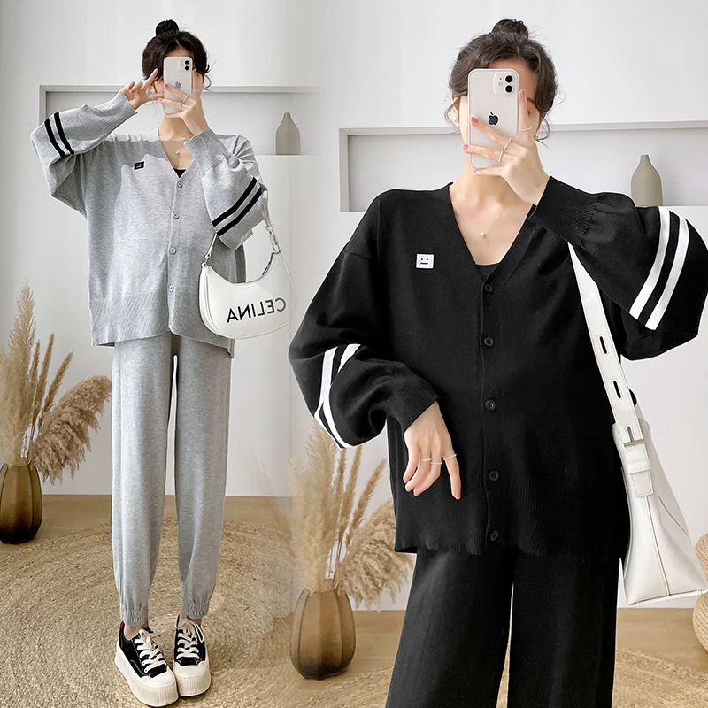 2023 Spring Pregnant Woman Clothes Set Striped Patchwork V-Neck Button Fly Maternity Jacket+Belly Pants Twinset Loose Sport Suit