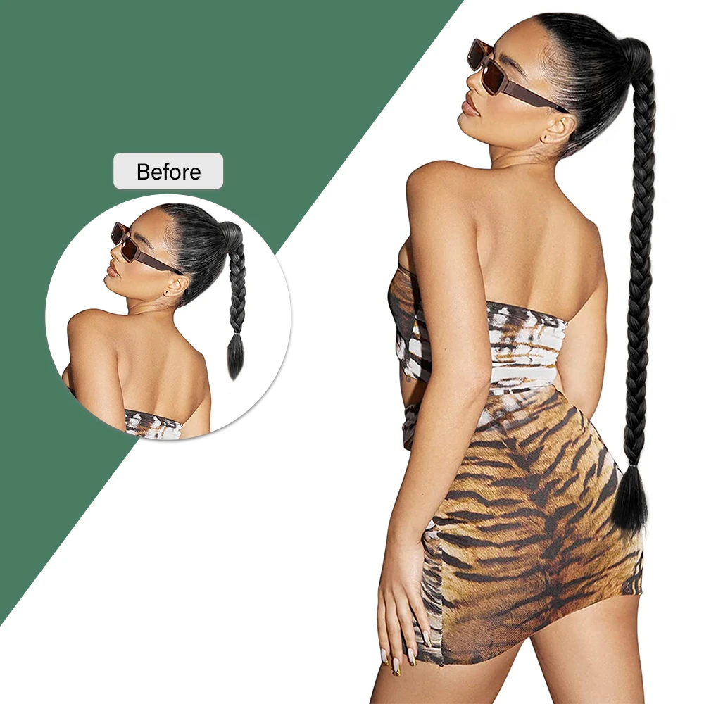 Extensión de cola de caballo trenzada para mujeres negras, extensiones de cola de caballo sintética con bandas de goma, Anillo para el cabello, extensión de trenza de cola de caballo, 26"