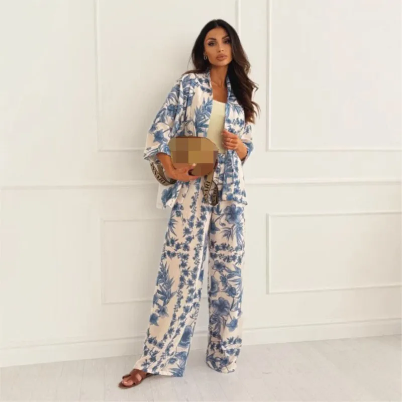 Fashion Printed Women Clothing Casual Seven Quarter Sleeve+wide Leg Pants Two-piece Set Autumn Cardigan Casual Pocket Pants Set