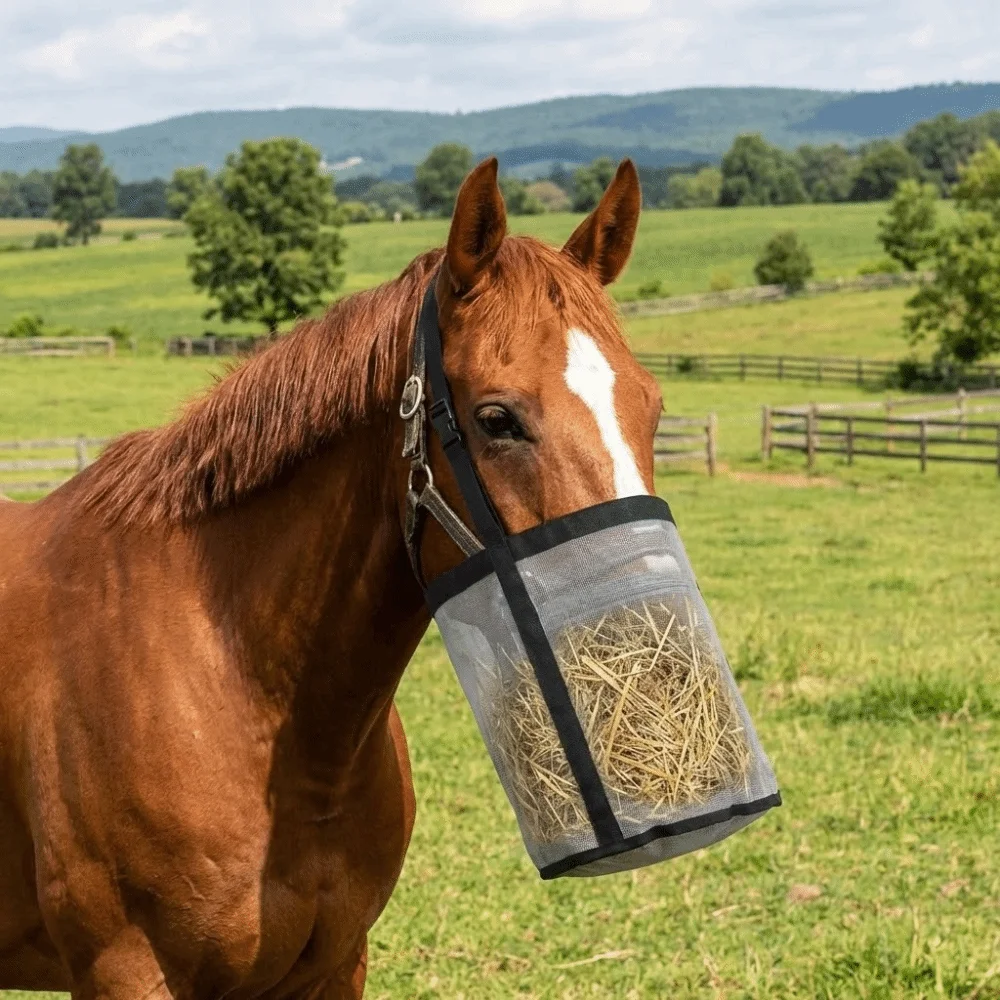 Bolsa de Alimentación para Caballos Resistente a Fugas, Bozal de Pastoreo Elástico Ajustable, Comedero de Heno de Malla Transpirable, Cuidado Equino