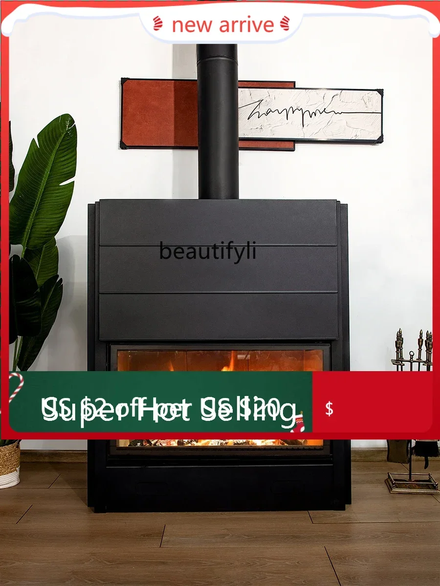 S132 Villa Slide Door Fireplace Real Fire Wood Embedded Wood Heater European Living Room Decoration Stove