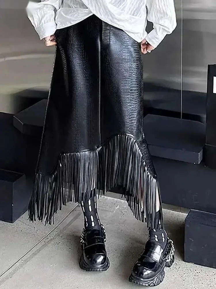 

Elastic Waist Fringe Skirt Black Trendy Women's Clothing Elegant High Waist A-line leather Skirts Y2k summer new