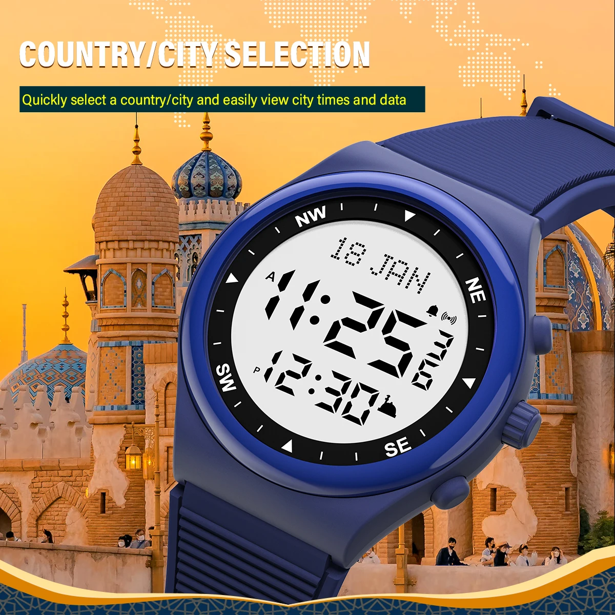 Muslim prayer waterproof watch with pilgrimage compass and night light sports watch, fashionable bookmark function watch