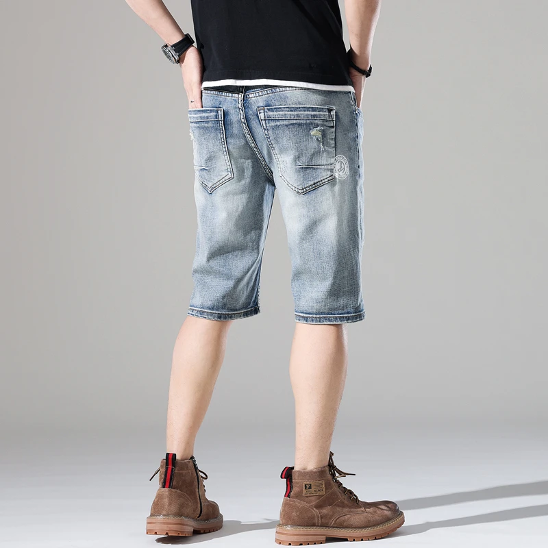 Summer new thin and distressed denim shorts for men's elastic slim fit Korean version denim ripped skinny jeans men