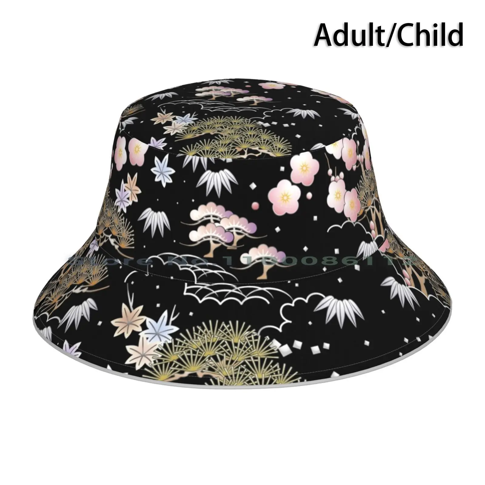 Japanese Flowers And Trees On Black Bucket Hat Sun Cap Japanese Sakura Cherry Bloom Blossom Trees White Leaves Brimless Knitted