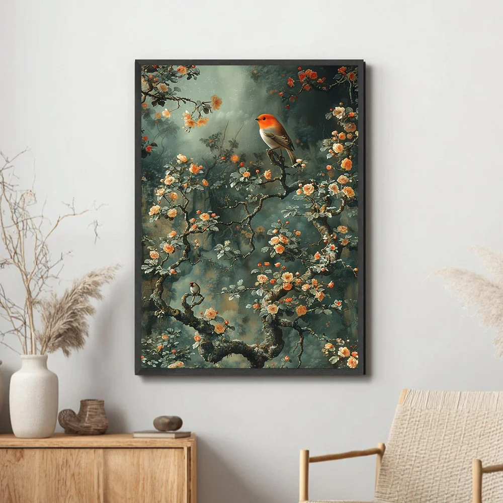 1pc frameless Canvas Painting Vintage Birds on Flower Branches Canvas Wall Art Moody Art Poster Print For Living Room Retro Flor