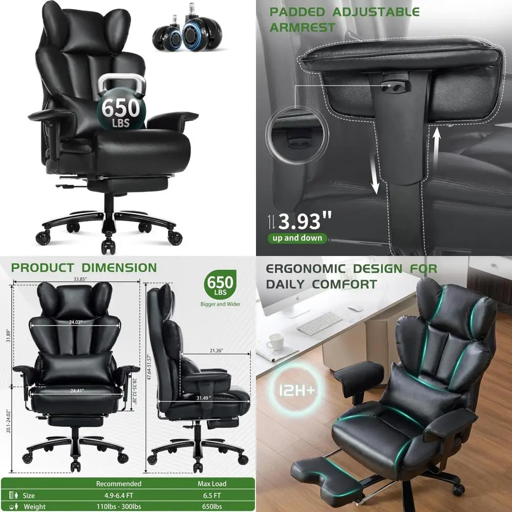 Large Heavy Duty Big and Tall Executive Office Chair with Footrest, Wide Seat, Adjustable Lumbar Support, Dual Controls, Extra C