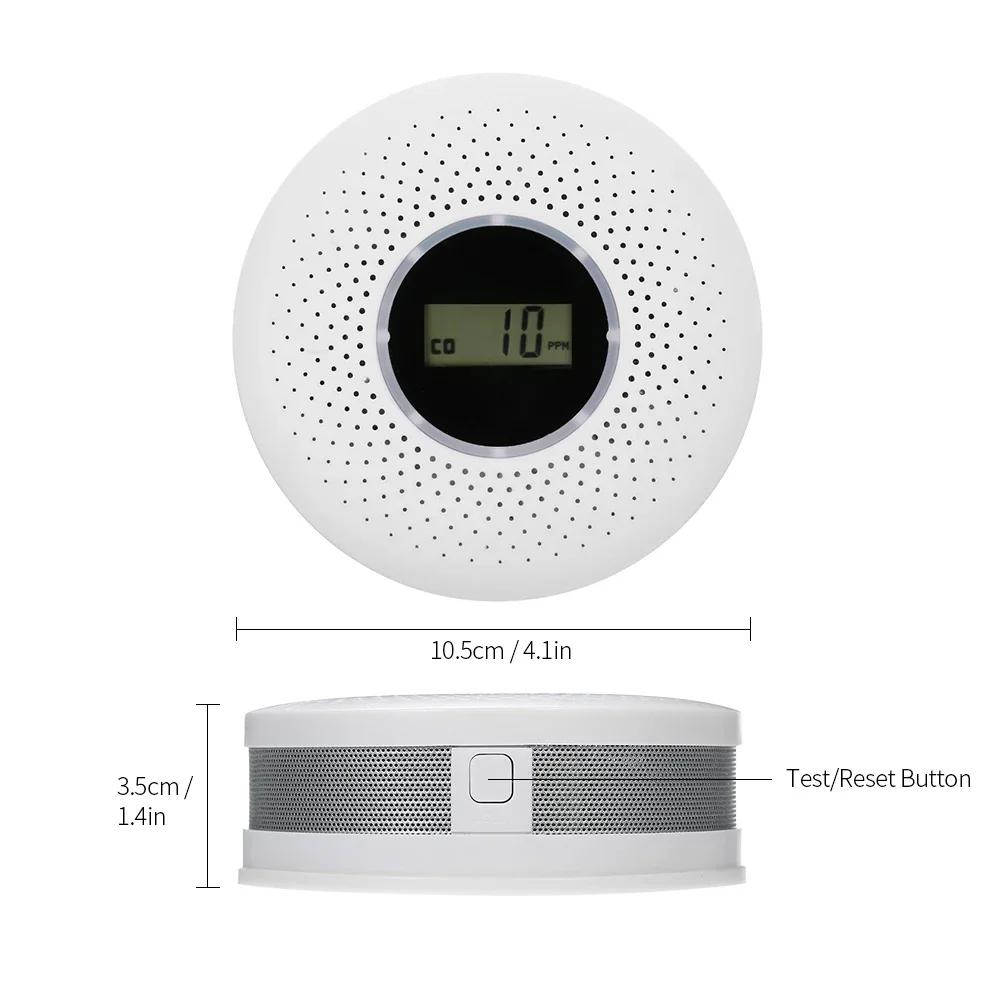 ESCAM 2 in 1 layar LCD karbon monoksida & asap Combo detektor baterai dioperasikan CO Alarm dengan lampu LED berkedip peringatan suara