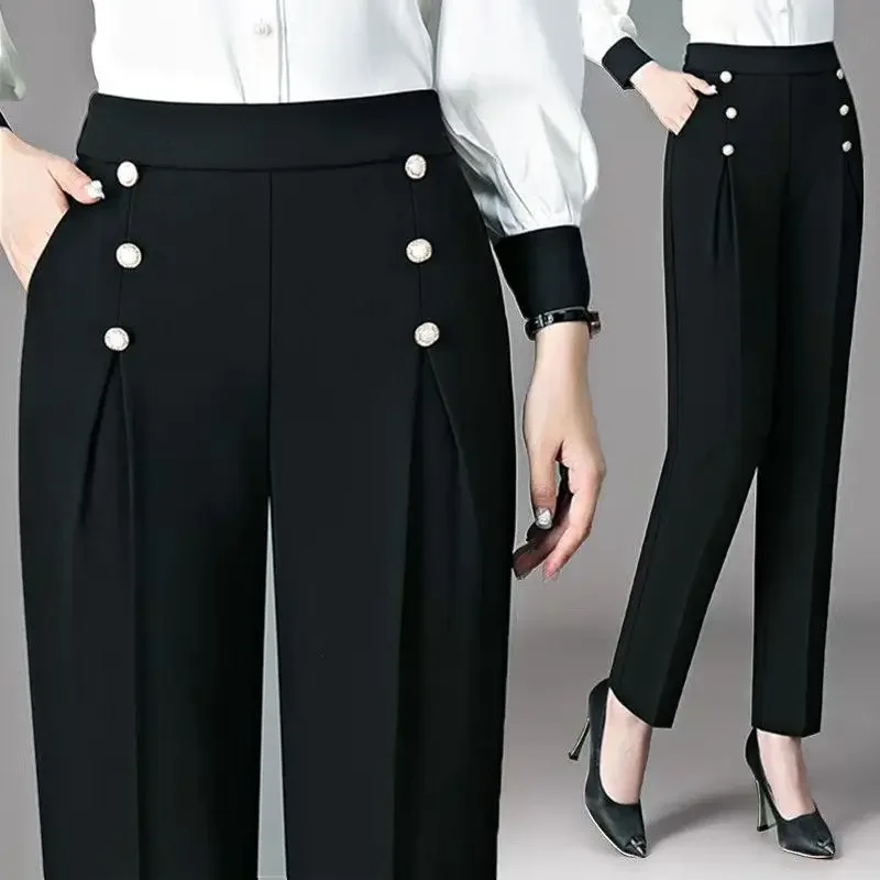 

Office Lady Thin Casual Suits Pants Korean Fashion Spring Summer Streetwear Elastic High Waist All-match Solid Women Trousers