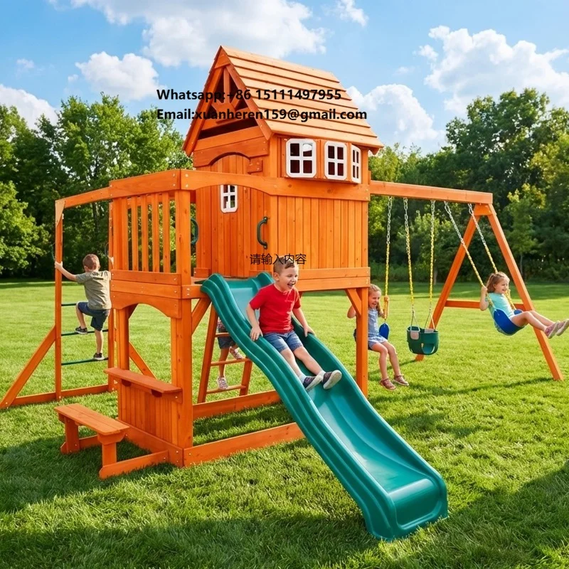 Large Outdoor Amusement Equipment Children Toy Playground Backyard Commercia Garden School Kids Wooden Swing Set Monkey Bar