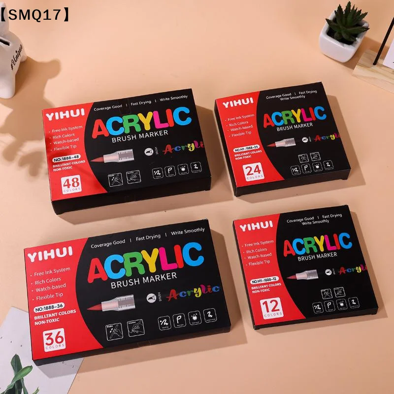 12/24/36/48/60 Colors Acrylic Paint Pens Markers Brush Tip Paint Markers For Rock Painting Wood Stone Glass Gift DIY Crafts【SMQ】