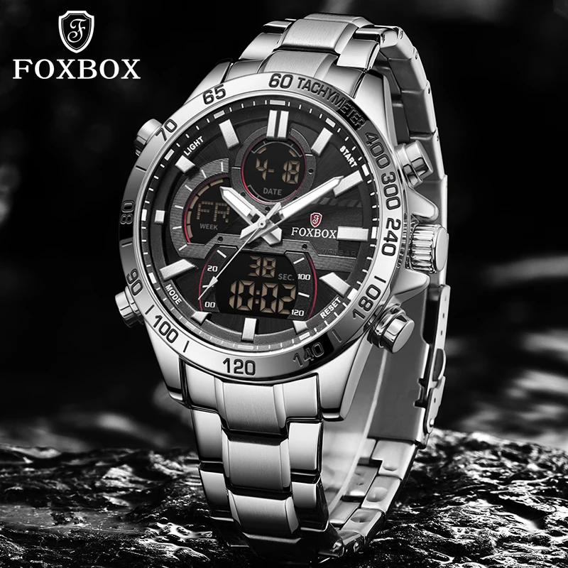 

Мужские часы FOXBOX Top Luxury LIGE, модные цифровые LED-часы, подарок для мужчин, водонепроницаемые до 50 м, светящиеся, стальные, кварцевые наручные часы.