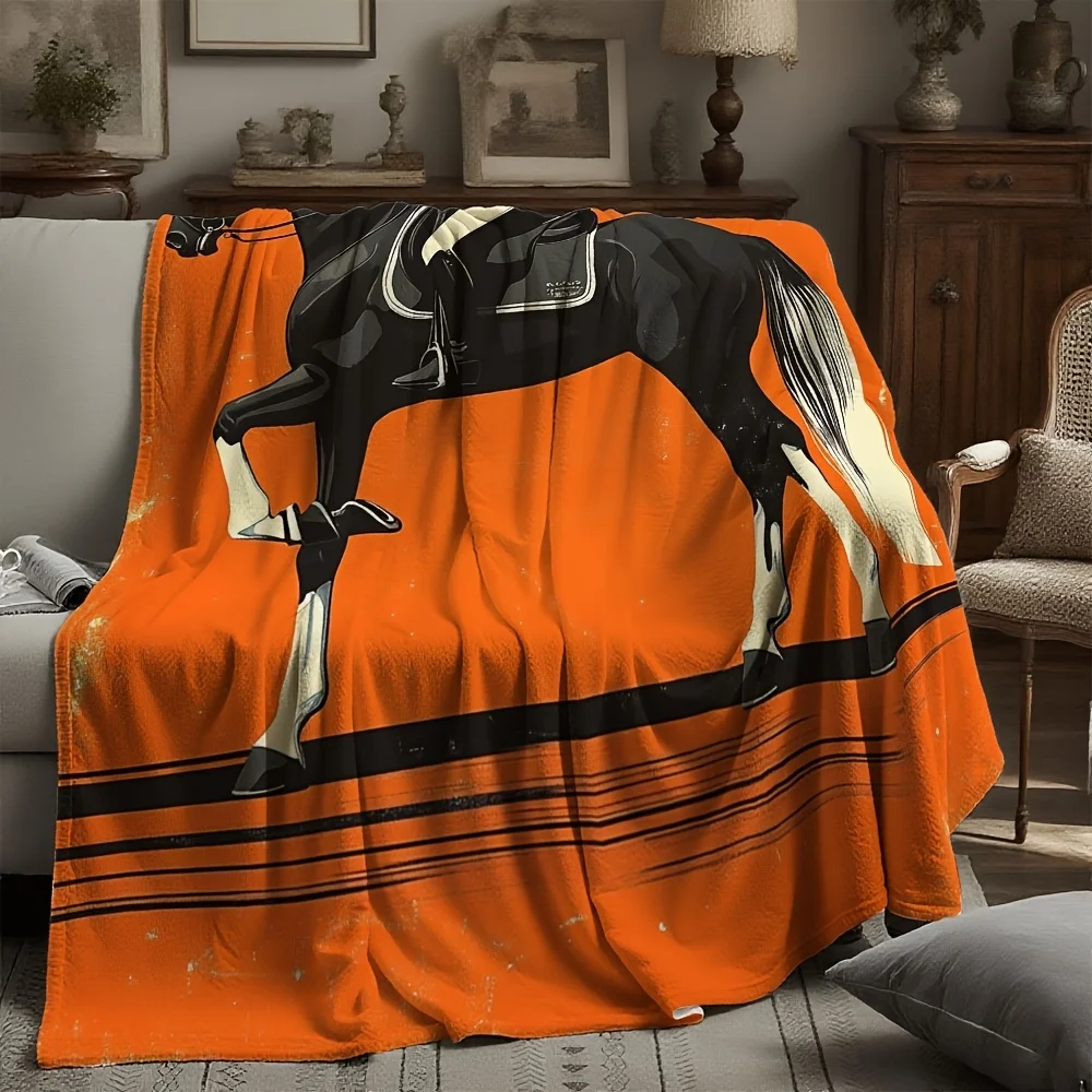 Orange Horse Print Throw Blanket for Sofa Couch Decoration Equestrian Animal Lover Cozy Living Room Lap Blanket Decor Gift - view 3