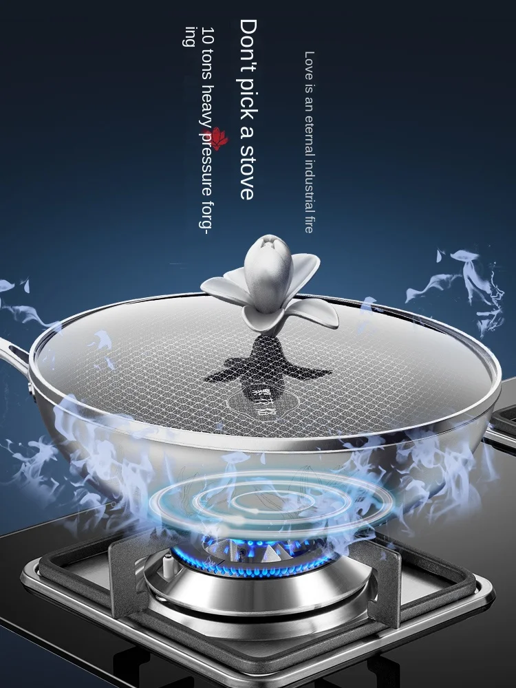 304 Stainless Steel Honeycomb Non Stick Frying Pan Household Scratch Resistant and Wear-resistant No Oil Smoke Wok Stove Gas