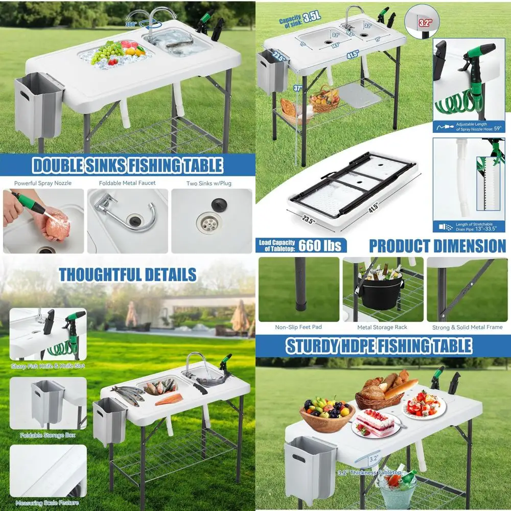 Portable Double Sink Fishing Cleaning Station with Faucet, Drain, Sprayer, Knife, and Storage, Black