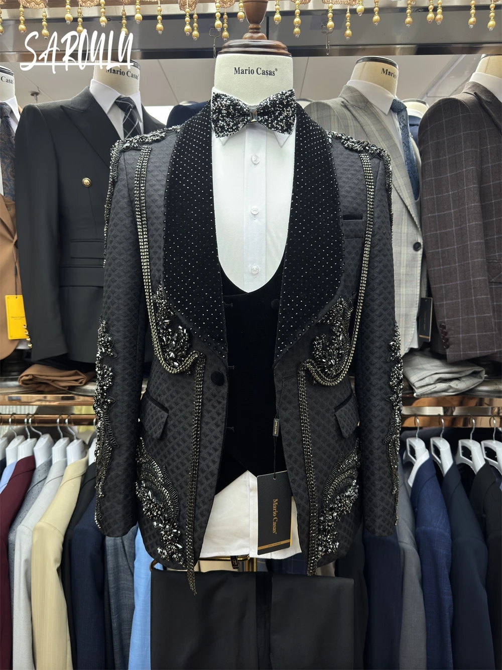 Черный мужской костюм, комплект из 2 предметов: пиджак + брюки, брюки, кристаллы, камень, хлопок, индивидуальный формальный офисный пиджак, свадебный смокинг для жениха, пальто