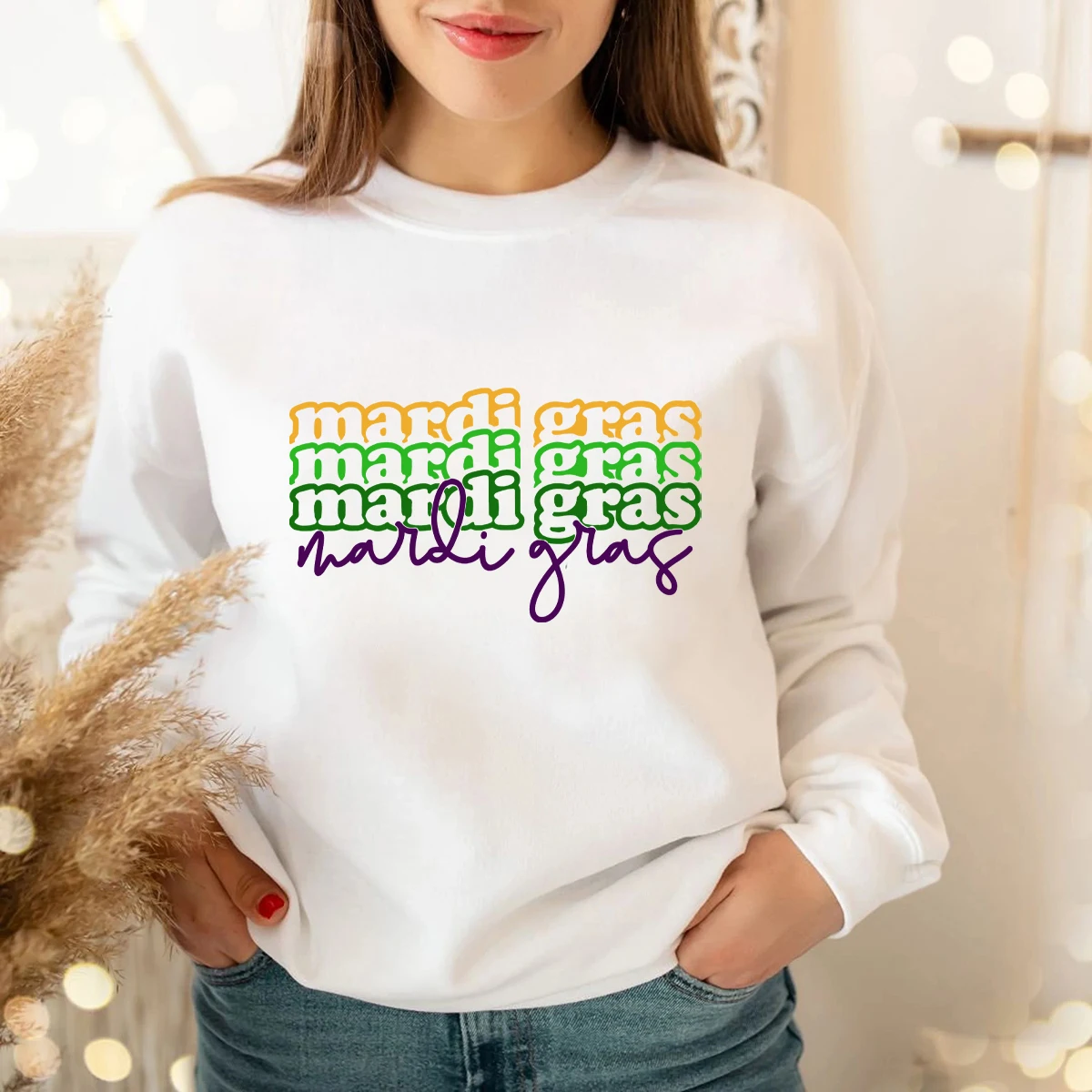 Mardi Gras Colored Sweatshirt Lips Fleur De Lis Long Sleeve Pullovers Women fashion casual 100%cotton Tops